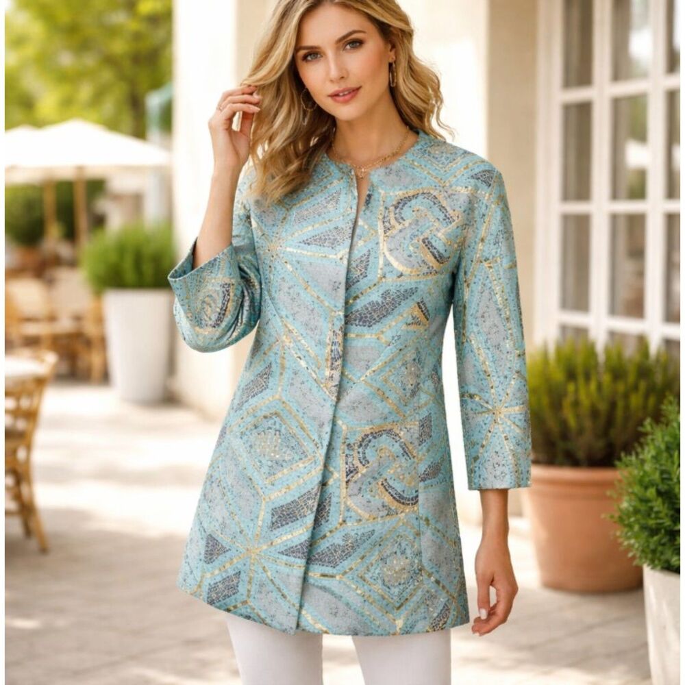 Chicos Coat NWT Blue Mosaic Jacquard Topper Jacket Snap Front Side Pockets 6